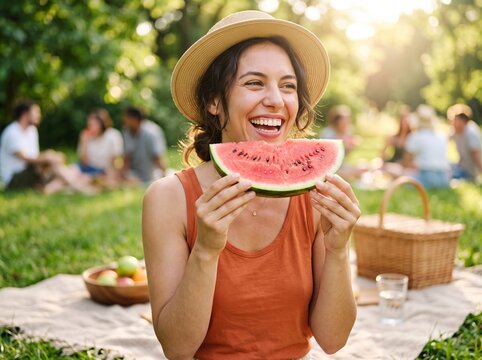 Laughing young woman wearing straw hat enjoying juicy watermelon slice at outdoor summer picnic, symbolizing joyful seasonal lifestyle