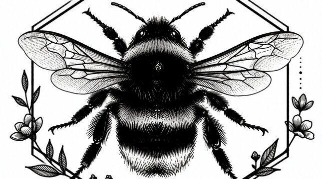 Detailed illustration of fuzzy bumblebee with detailed wings and legs. Nature insect art graphic features floral elements and geometric frame. Stylized drawing perfect for science or eco themes.