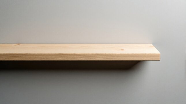 Single unfinished wooden plank rests on gray wall. Natural material, simple design, ready for home decor, DIY projects, construction, or shop display.