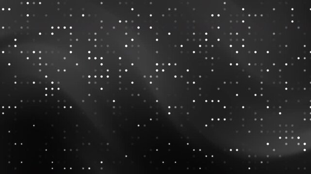 Many white glowing square pixel patterns on black grey gradient background. Great for abstract backgrounds, techrelated designs, digital concepts.