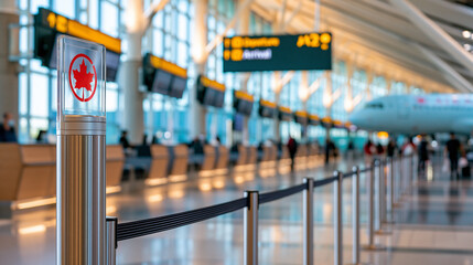 Obraz premium Air Canada airline check-in area at Toronto Pearson International Airport with bilingual departure and arrival signs, defocused Canadian travel hub, with copy space