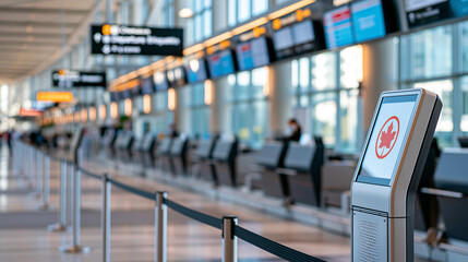 Obraz premium Air Canada airline check-in area at Toronto Pearson International Airport with bilingual departure and arrival signs, defocused Canadian travel hub, with copy space