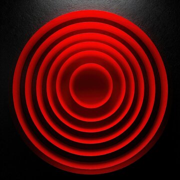 Concentric red circles glow on textured black background. Geometric pattern creates depth and optical illusion. Abstract art form focuses attention inward towards a central point.