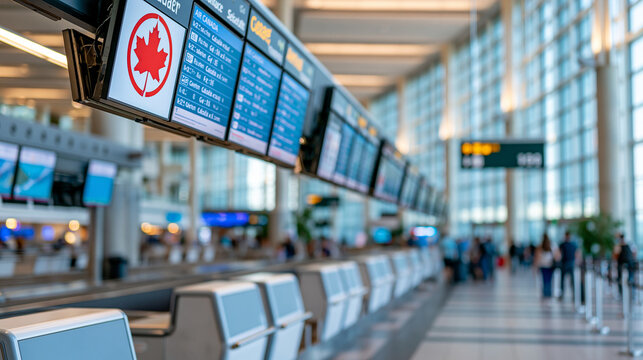 Air Canada airline check-in area at Toronto Pearson International Airport with bilingual departure and arrival signs, defocused Canadian travel hub, with copy space