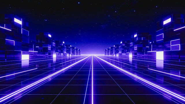 A futuristic digital city scene with glowing neon lines, grid road, and dark starry sky, evoking cyberpunk style.