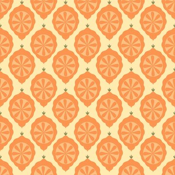 Seamless citrus fruit pattern designed in a rhythmic ogee layout. The motif features stylized orange slices with soft, hand-drawn textures set against a warm cream background, offering a soft retro 