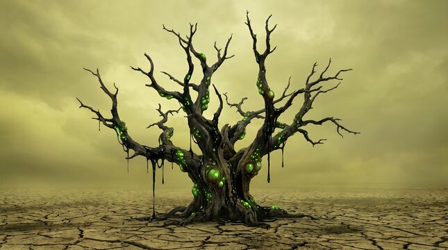 Dead tree with glowing green vines in a desolate landscape  