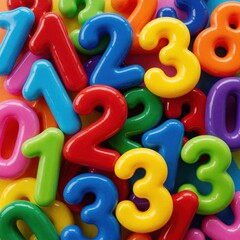 Fototapeta premium Pile of colorful plastic numbers scattered on bright background. Vibrant digits create playful arrangement. Ideal for early education math learning fun.