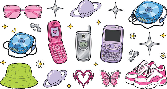 Y2K Retro Aesthetic Tech and Fashion Vector Element Set Featuring Flip Phones CD Players Bucket Hat Platform Sneakers and Butterfly Stickers