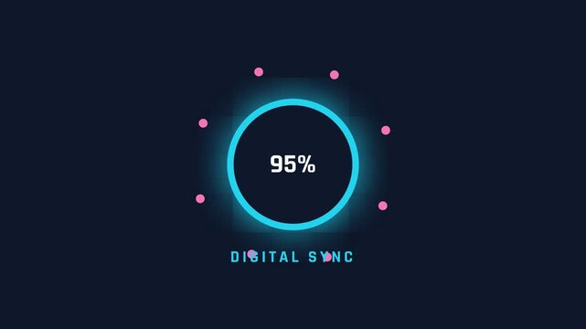 Digital progress indicator animation, glowing blue circle with percentage loading from 59% to 95%, pink dots orbiting, seamless loop, symbolizing technology and data synchronization for business