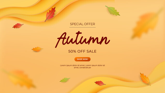 Autumn Sale Banner with Paper Cut Style and Falling Leaves