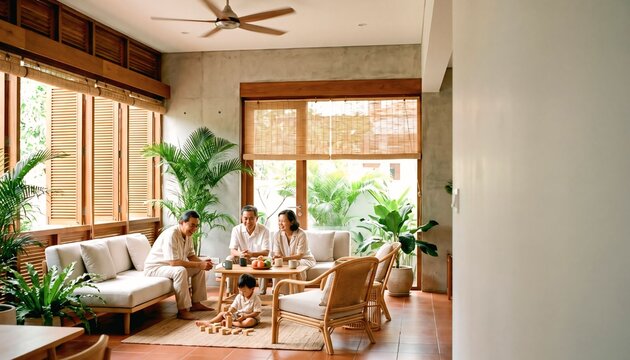 Family relaxing in a climate-adapted sustainable home during a hot summer day