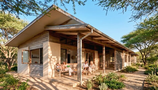 Climate-adapted house with passive cooling architecture and shaded outdoor living
