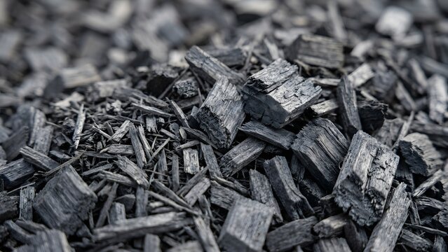 Close-up of rough textured charcoal wood chips forming a natural abstract background