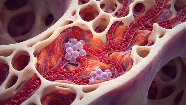 Microscopic view of cancellous bone tissue with blood vessels and spherical clusters.