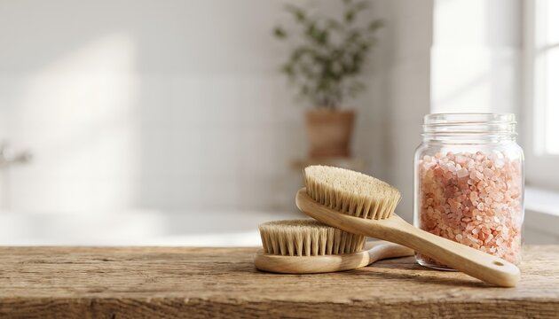 Dry body brush and glass jar of pink bath salts on a wooden table in a wellness spa