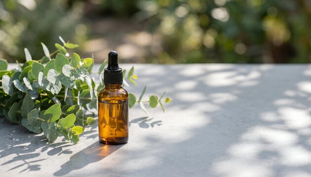 Amber glass dropper bottle and eucalyptus leaves on concrete surface with soft natural shadows