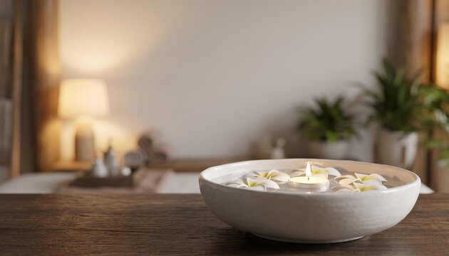 Floating frangipani flowers and lighted candle in a water bowl for spa treatment setting