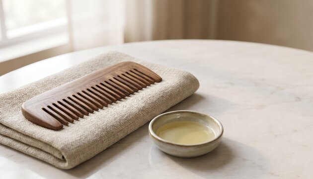 Wooden hair comb and folded linen towel on marble surface in a natural home spa setup