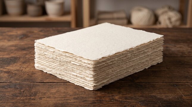 Stack of handmade deckle edge recycled paper sheets resting on rustic wooden workshop table, symbolizing sustainable eco craftsmanship