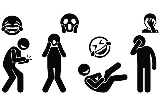 Stickman Characters Expressing Extreme Emotions Laughing Screaming and Facepalm Vector set