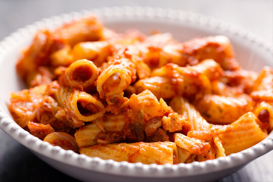 Italian rigatoni amatriciana tomato sauce pasta