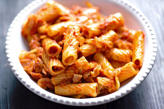 Italian rigotoni amatriciana tomato sauce pasta