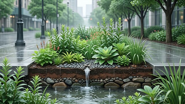 Urban rain garden cross section filtering stormwater during heavy rainfall