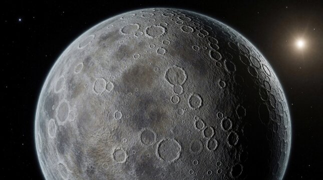 Rocky planet with numerous craters floats in dark space near a bright star. Celestial body shows impact scars and uneven terrain under distant stellar light.