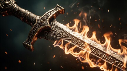 Naklejka premium Ornate ancient sword blazes with fire. Glowing runes inscribed on metal blade, sparks fly in dark background. Weapon signifies power, conflict, mythical fantasy art.