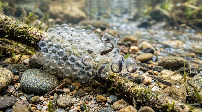 Underwater macro shot of translucent salamander eggs hatching tiny larvae in clear stream bed, depicting aquatic amphibian reproduction