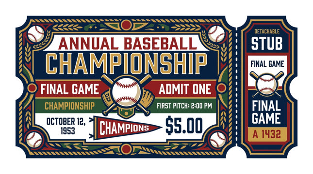 Annual Baseball Championship Ticket - Final Game - Vintage Style