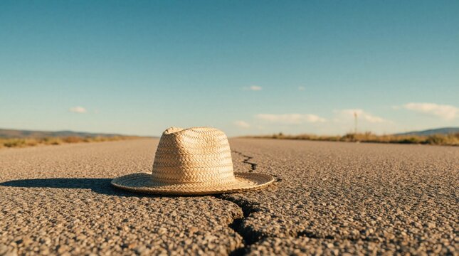 Straw hat rests on cracked asphalt road under clear blue sky. Dry landscape stretches to horizon. Sun protection accessory signifies journey or lost item.
