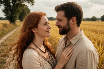 Fototapeta premium Couple in love share tender look in golden wheat field at sunset. Redhead woman and man embrace outdoors with affection. Rural scene offers serene mood and connection.