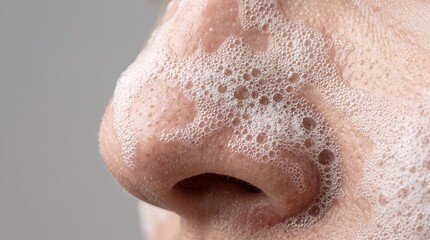 Naklejka premium Macro View of Human Nose Covered with White Cleansing Foam Soap Bubbles