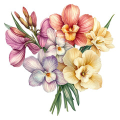 Obraz premium The image features a bouquet of blooming flowers with soft pastel colors, including shades of pink, lavender, peach, and cream