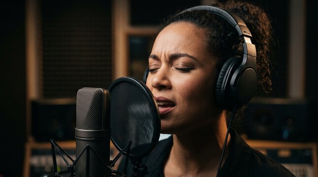 Female singer with eyes closed singing passionately into studio condenser microphone with pop filter, conveying musical expression