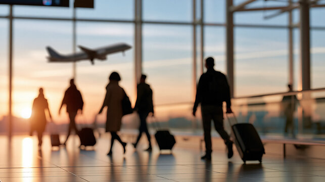 Silhouetted faceless passengers with luggage walking through blurred airport terminal at sunset, airplane taking off visible through large glass windows, defocused travel