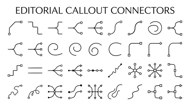 Vector set of clean monochrome callout connectors, line pointers, and infographic design elements