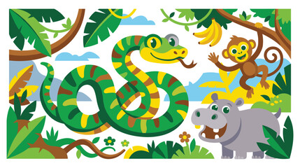 Fototapeta premium Cartoon jungle animals with green snake and hippo in forest landscape.