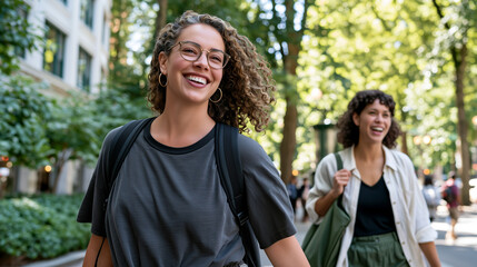 Naklejka premium Two women walk and laugh together on a leafy city street, natural smiles and connection, authentic lifestyle portrait of friendship and emotional wellbeing.