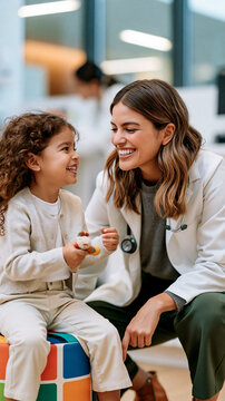 Smiling girl sits on a colorful clinic stool holding a toy, laughing with a friendly female pediatrician. Warm human connection during a checkup visit.
