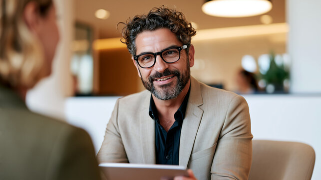 Smiling businessman with curly hair and glasses holds a tablet during a professional meeting, warm indoor lobby, corporate interview and consultation conversation.