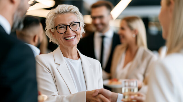 Smiling businesswoman shakes hands during a warm retirement celebration surrounded by colleagues. Genuine corporate farewell moment, gratitude and connection.