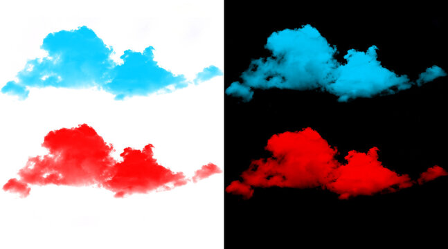 Vibrant blue and red smoke clouds, colorful ink in water explosion, abstract atmospheric vapor set on black and white backgrounds