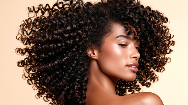 Woman shakes her head releasing bouncy defined spiral curls, glossy hydrated texture capturing elasticity for premium curl-care beauty editorial.