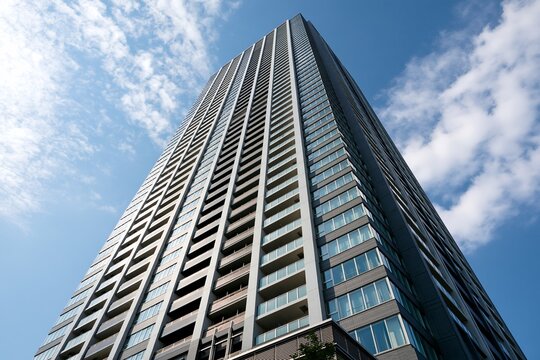晴れ渡る青空を背景に堂々とそびえ立つ都会の超高層マンション