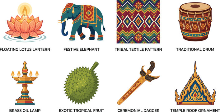 Set of traditional Asian cultural vector icons featuring a festive elephant, lotus lantern, brass lamp, and dagger.