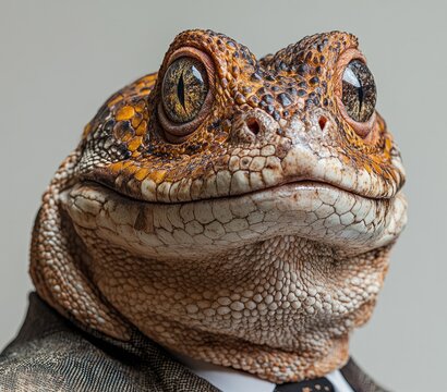 The image shows a close up of a reptile with the body of a lizard but the head of a human, creating a humanoid figure with a lizard's face