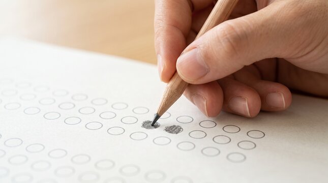 Hand filling in multiple choice answer bubble on standardized test paper with pencil, representing academic examination testing